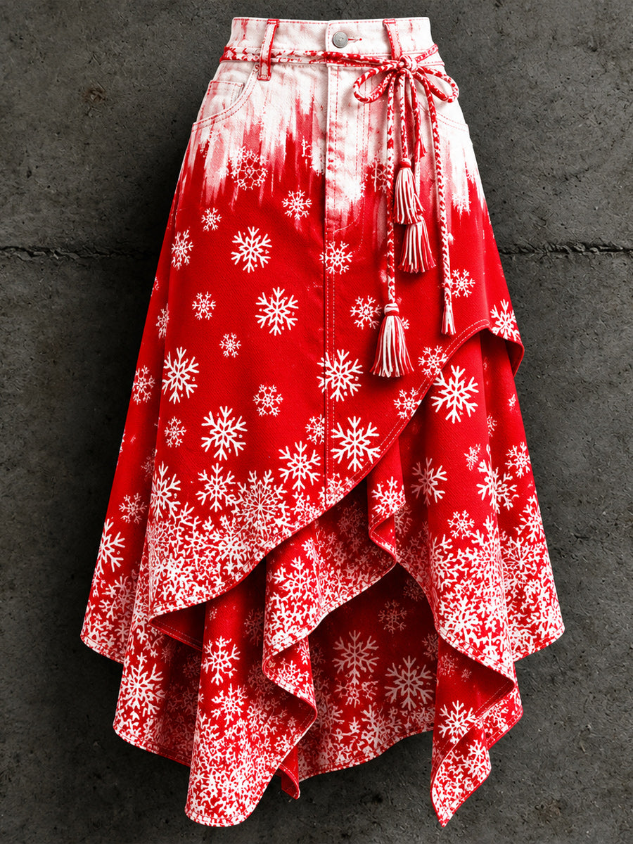 Women's Retro Style Art Print Irregularly Layered Stitched Skirt